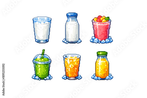Beverage icons set. Containing juice, soda, smoothie, milk, water, cocktail, fruit, refreshment, drink and more.