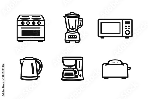 Kitchen Appliances Icon Set. Featuring stove, blender, microwave, kettle, coffee maker, and toaster.