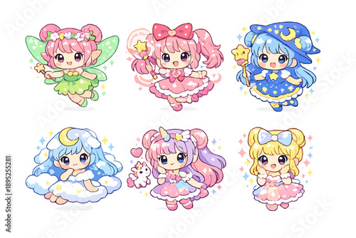 Fantasy Characters Icon Set. Featuring fairy, unicorn, star, magic, princess, mermaid, flower, cloud, and more.