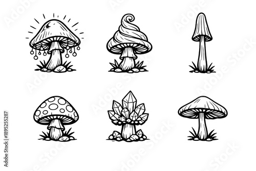 Mushroom and crystal icon set. Containing fungi, spores, cap, gills, stalk, growth, nature, flora, mycology, ecology, gem, rock, mineral, texture,