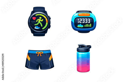 Fitness and health icon set. Containing smartwatch, fitness tracker, shorts, water bottle and more.