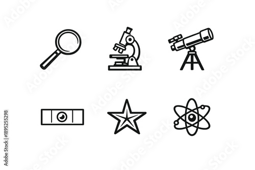 Science and discovery icon set. Featuring magnifying glass, microscope, telescope, star, atom, and dollar bill.