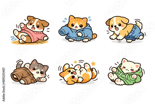 Animal icons set. Containing dog, cat, puppy, kitten, pet, playful, cute, fur, paws, coat, collar, toy, whiskers, bark, meow, tail, feed, groom,