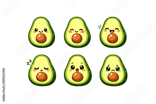 Avocado Icon Set Featuring Expressions, Slice, Seed, and Avocado Toast