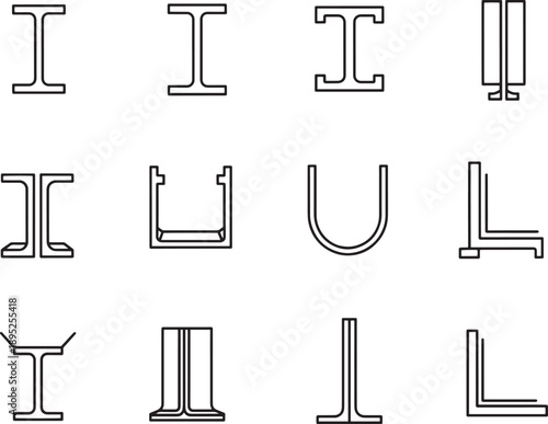 Diverse structural steel shapes in a minimalist, photorealistic collection, showing essential building materials and design elements.