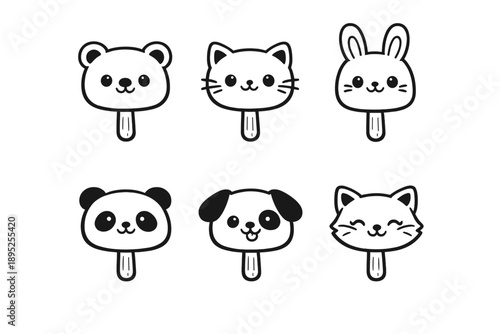 Animals and pets icon set. Featuring bear, cat, bunny, panda, dog, and kitten.