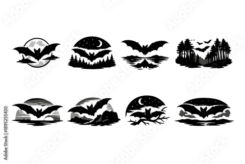 Bat and night icon set. Containing moon, silhouette, darkness, spooky, creature, wildlife, flapping, flight, nocturnal and more.