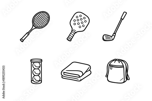 Sports and Recreation Icon Set. Including racket, paddle, golf club, balls, towel, backpack, gear and more.