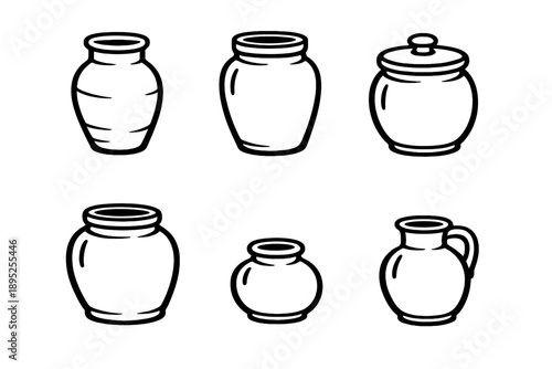 Container and pottery icon set. Featuring vase, jar, pot, jug, urn, bottle, and more.