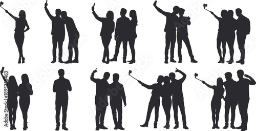Group of people taking selfies silhouettes showing friends and couples using smartphones and selfie sticks, social media lifestyle, modern communication and photography isolated on white background