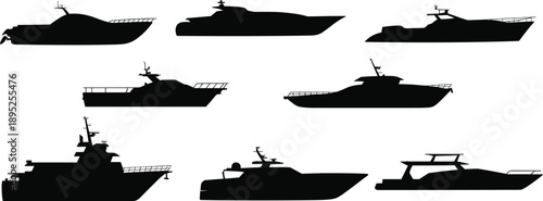 Modern speedboat and yacht silhouettes set showing luxury motorboats and fast vessels, marine transport and nautical lifestyle concepts isolated on white background illustration