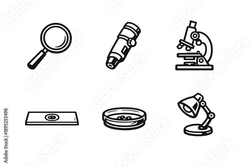 Science and research icon set. Containing magnifier, flashlight, microscope, petri dish, money, lamp.