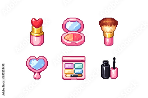 Cosmetic and beauty icon set. Featuring lipstick, mirror, blush, brush, palette, and nail polish.