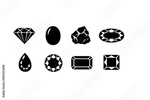 Gem and jewelry icon set. Containing diamond, ruby, sapphire, emerald, gemstone, cut, brilliance, carat, clarity and more.