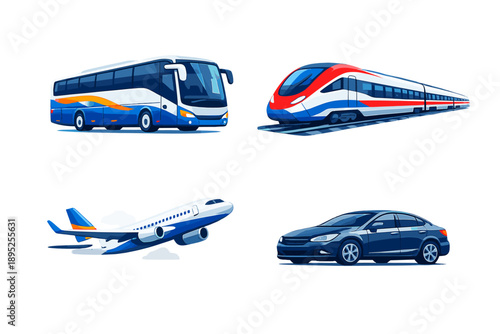 Transportation icon set. Containing bus, train, airplane, car, journey, travel, commute, vehicle, departure, arrival, route, speed, traffic, transport