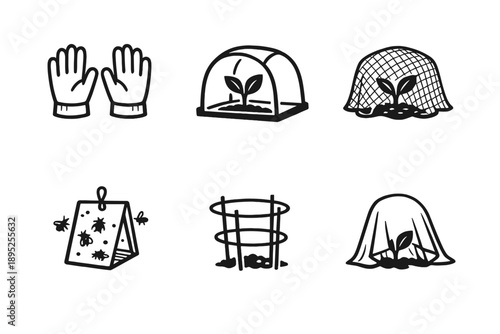 Gardening and plant care icon set. Featuring gloves, greenhouse, mesh cover, traps, supports, and more.