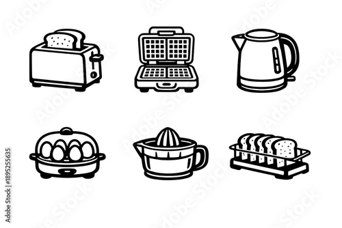 Kitchen appliances icon set. Containing toaster, waffle maker, kettle, egg cooker, juicer, bread slicer and more.