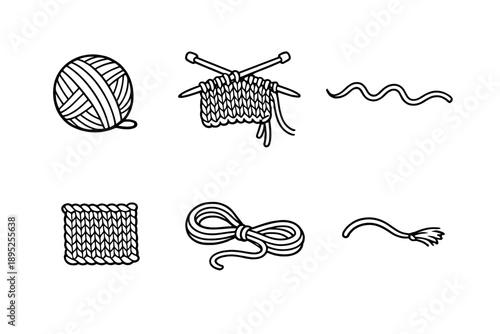Knitting and Crafting Icon Set. Containing yarn, needles, thread, fabric, stitch, loop, pattern, row, scarf, and more.