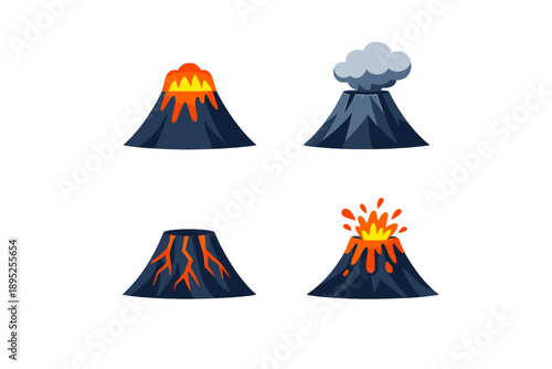 Volcano and eruption icon set. Featuring lava, magma, ash, eruption, crater, mountain, geothermal, explosion and more.