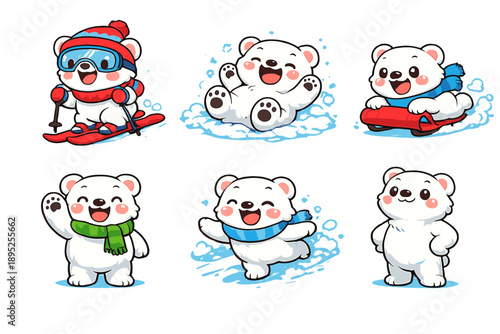 Winter Fun Icon Set: ski, snow, ice skating, sledding, polar bear, snowman, snowball, winter sports, cold, outdoor, play