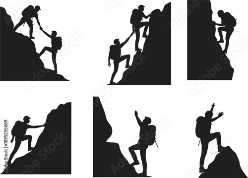 Mountain climbing silhouettes showing teamwork, leadership, and achievement, hikers helping each other reach the summit, adventure success and business motivation concept isolated on white background