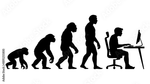 The modern human evolution showing the progression from ape to a desk-bound computer user