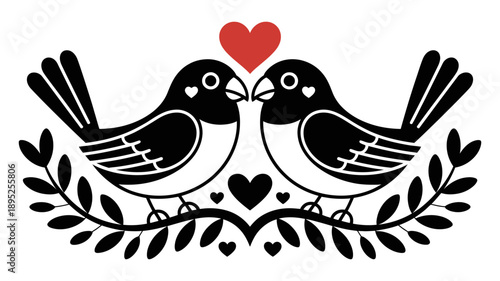 Charming folk art inspired illustration of two lovebirds perched on a branch beneath a vibrant red heart