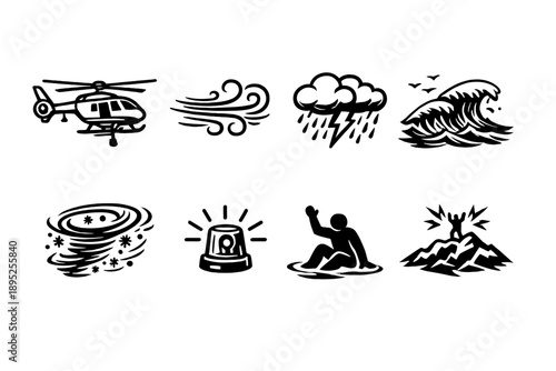 Weather and emergency icon set. Containing storm, flood, surf, wave, rescue, alert, helicopter, tornado and more.