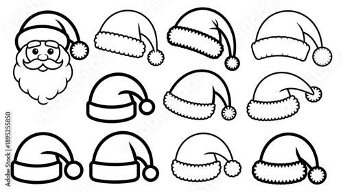 A collection of festive santa hats and jolly santa's face outline for holiday designs