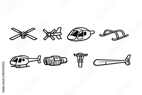 Aviation Icons Set: Helicopter, Aircraft, Chopper, Rotor, Jet Engine, Aviation Gear, Flight, Wings, Pilot