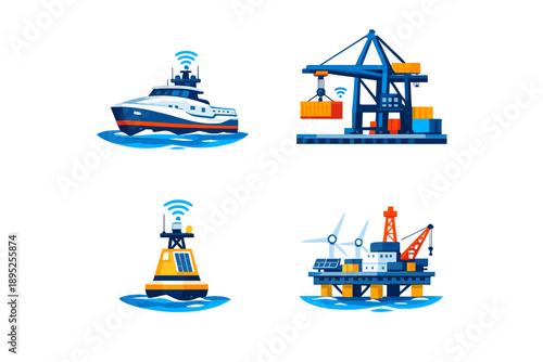 Maritime icons set. Containing ship, port, cargo, lighthouse, buoy, oil rig, navigation, ocean, and more.