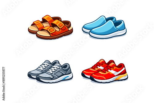 Footwear Icon Set. Containing shoes, sandals, sneakers, boots, slip-ons, loafers, athletic, casual, fashion and more.