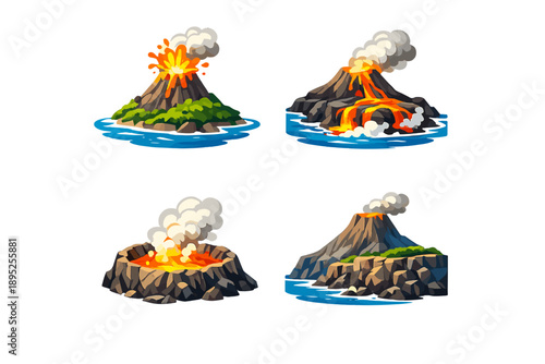Volcano and eruption icon set. Containing lava, magma, eruption, smoke, explosion, island, geology, nature and more.