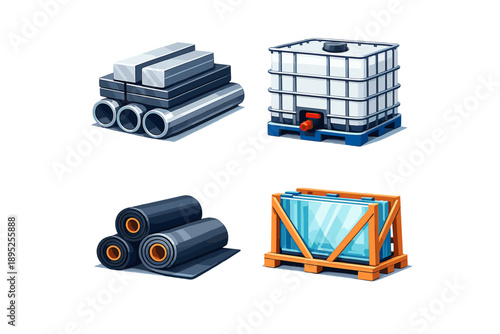 Construction and industrial icons set. Containing materials, steel, barrels, tiles, containers, glass, pipes, pallets and more.