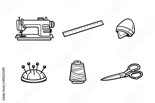 Sewing and crafting icon set. Containing sewing machine, scissors, thread, ruler, thimble, pins, and more.