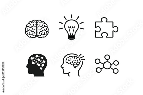 Brain and intelligence icon set. Featuring mind, creativity, knowledge, idea, solution, puzzle, cognition, neurons, brainpower, innovation, thought,