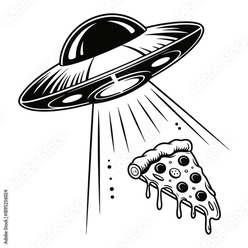 A humorous black and white illustration of a ufo abducting a delicious slice of pizza with melting cheese