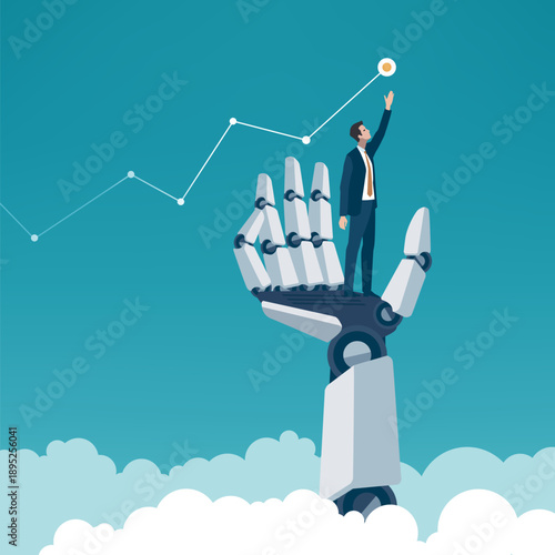 Artificial intelligence support to achieve the goal. Businessman standing on artificial hand reaching for the goal. Business concept illustration.
