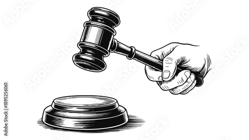 Hand holding a wooden judge's gavel about to strike the sound block in a court of law