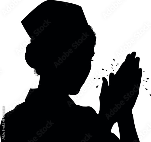 Silhouette of a Female Nurse Praying or Hand Washing, Healthcare Professional in Scrub Cap and Uniform, Medical Worker Showing Gratitude or Sanitizing Hands.