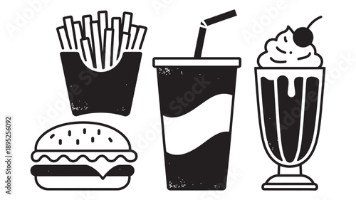 Classic fast food combo illustration featuring a burger, fries, soda, and milkshake