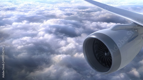 naomi. View from behind a wing, engine nacelle flying through clouds. mobility guides, transit brochures, designed for transport & logistics marketing, used by clinicians.
