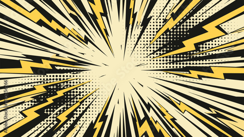Dynamic comic book background with yellow lightning bolts and black radial lines with halftone dot patterns for impact.