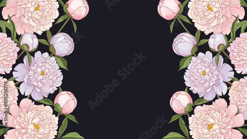 Elegant floral frame featuring soft pink peonies and buds arranged on a dark black background with central copy space.