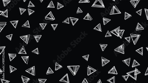 Abstract pattern of white hand drawn scribbled triangles scattered across a solid black background for modern designs.
