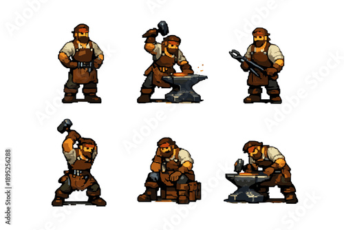 Crafting and Blacksmithing Icons Set: Including tools, anvil, hammer, forge, fire, metal, workshop, and more.