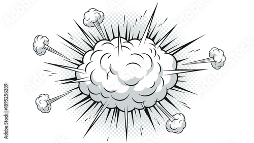 Large comic book style white smoke explosion with sharp radial lines and smaller clouds on a halftone dot background.