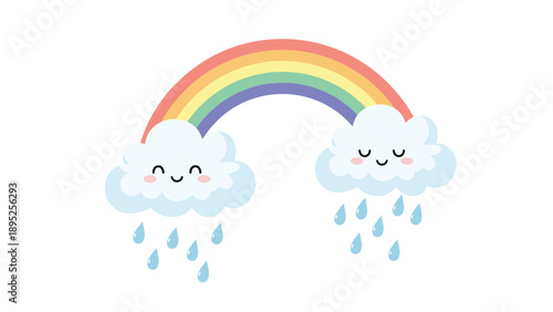 Adorable illustration of a colorful rainbow connecting two smiling white clouds with raindrops falling below on white.