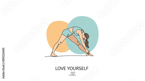 Continuous line drawing of a woman in a yoga pose with colorful circular shapes and love yourself text in the center.