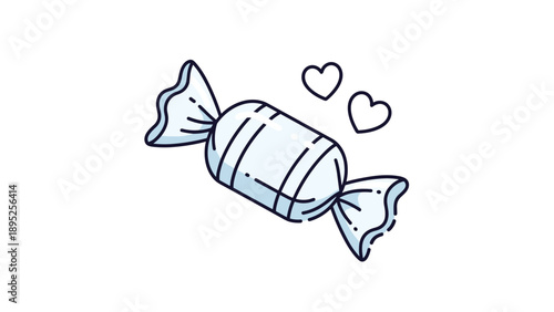 Minimalist cute illustration of a wrapped candy piece with two small floating hearts on white background for greeting cards.